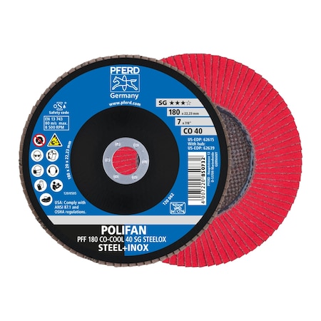Pferd 7" x 7/8" A.H. POLIFAN Flap Disc - CO-COOL SG STEELOX, Ceramic oxide, 40 Grit, Flat 62615